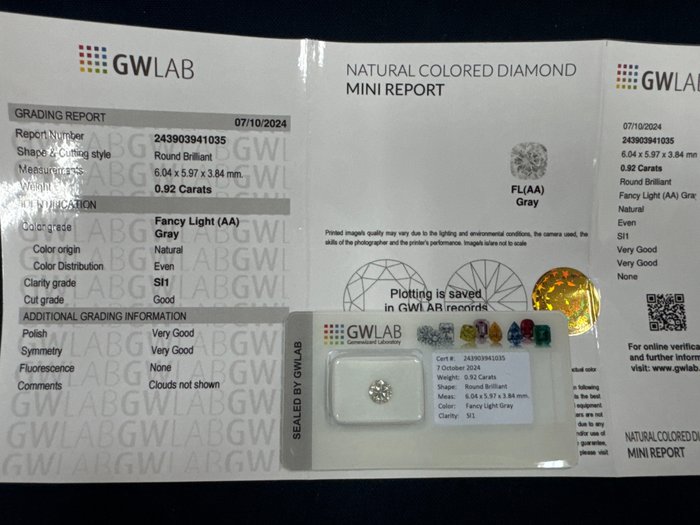 Ingen mindstepris - 1 pcs Diamant  (Naturfarvet)  - 0.92 ct - Rund - Fancy light Grå - SI1 - Gemewizard Gemological Laboratory (GWLab)