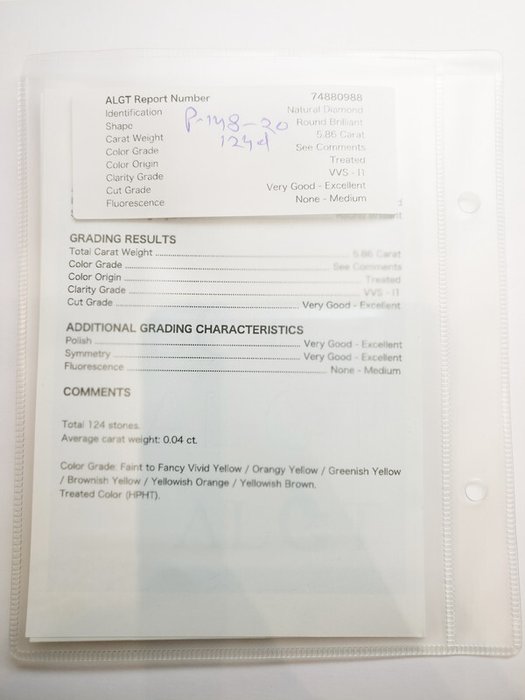 124 pcs Diamant  (Farvebehandlet)  - 5.86 ct - Rund Blandede farver - I1, VVS1 - Antwerp Laboratory for Gemstone Testing (ALGT)