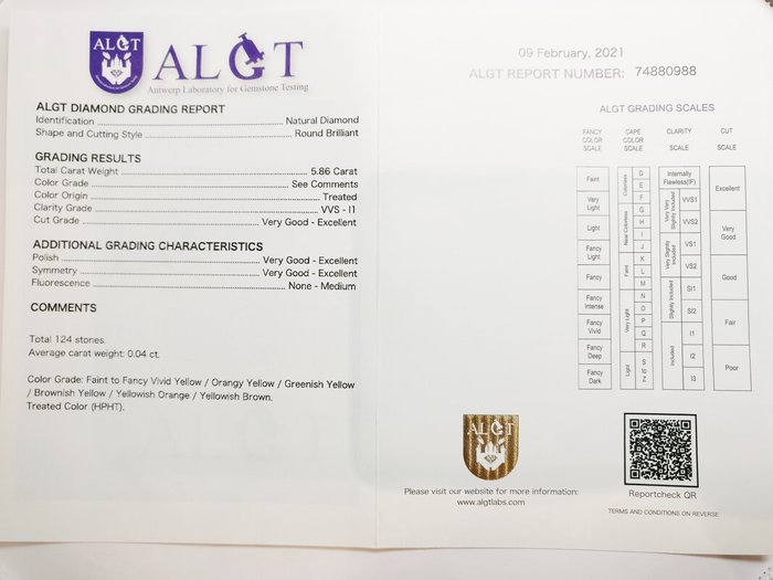 124 pcs Diamant  (Farvebehandlet)  - 5.86 ct - Rund Blandede farver - I1, VVS1 - Antwerp Laboratory for Gemstone Testing (ALGT)