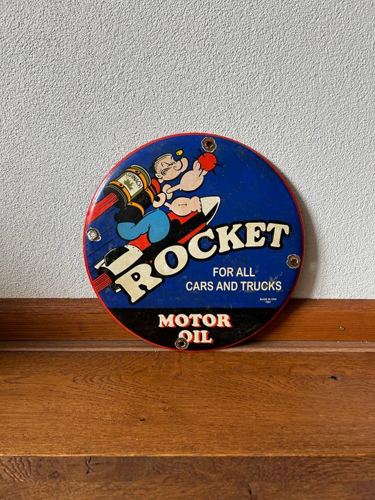 POPEYE - ROCKET MOTOR OIL - Emaljeskilt - Reklametavle for alle biler og lastbiler - Emalje, Metal