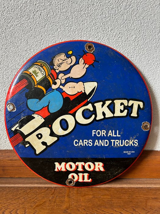 POPEYE - ROCKET MOTOR OIL - Emaljeskilt - Reklametavle for alle biler og lastbiler - Emalje, Metal