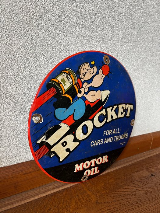 POPEYE - ROCKET MOTOR OIL - Emaljeskilt - Reklametavle for alle biler og lastbiler - Emalje, Metal