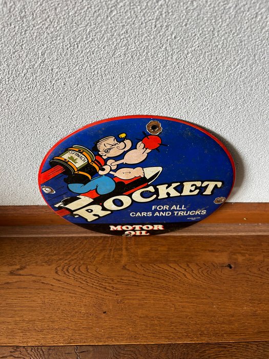 POPEYE - ROCKET MOTOR OIL - Emaljeskilt - Reklametavle for alle biler og lastbiler - Emalje, Metal