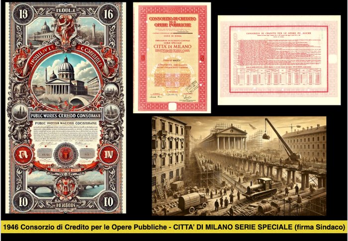 Italien - Obbligazione 5% Lire - 1946 - Consorzio di Credito Opere Pubbliche Città di Milano (Firma Sindaco e Presidente)  (Ingen mindstepris)