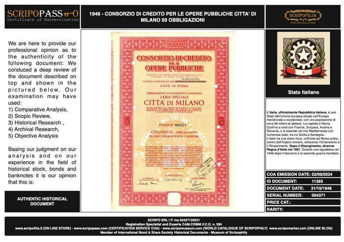 Italien - Obbligazione 5% Lire - 1946 - Consorzio di Credito Opere Pubbliche Città di Milano (Firma Sindaco e Presidente)  (Ingen mindstepris)