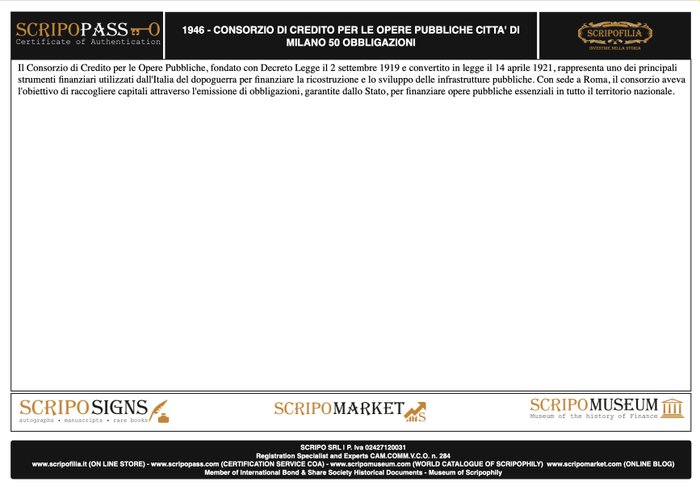 Italien - Obbligazione 5% Lire - 1946 - Consorzio di Credito Opere Pubbliche Città di Milano (Firma Sindaco e Presidente)  (Ingen mindstepris)