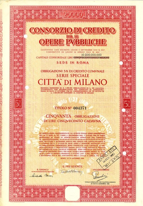 Italien - Obbligazione 5% Lire - 1946 - Consorzio di Credito Opere Pubbliche Città di Milano (Firma Sindaco e Presidente)  (Ingen mindstepris)