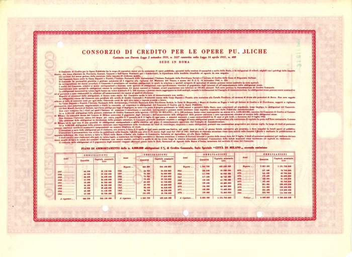 Italien - Obbligazione 5% Lire - 1946 - Consorzio di Credito Opere Pubbliche Città di Milano (Firma Sindaco e Presidente)  (Ingen mindstepris)