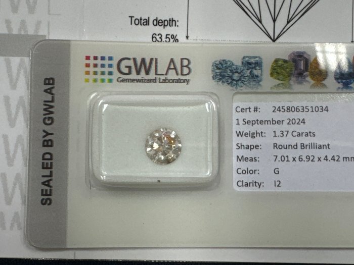 Ingen mindstepris - 1 pcs Diamant  (Natur)  - 1.37 ct - Rund - G - I2 - Gemewizard Gemological Laboratory (GWLab)