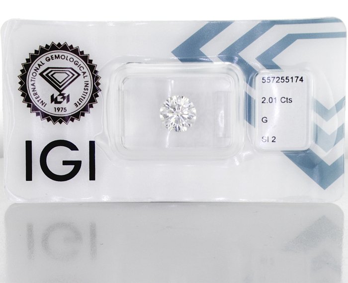 1 pcs Diamant  (Natur)  - 2.01 ct - Rund - G - SI2 - International Gemological Institute (IGI) - n126