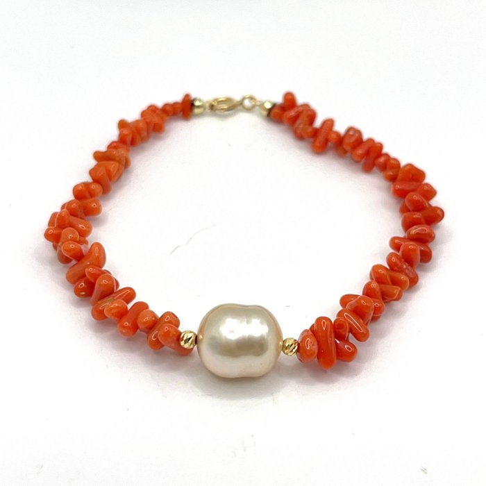 Ingen mindstepris - Armbånd - 18 kraat Gulguld Perle - Koral - Coral  South Sea Pearl