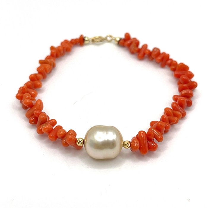 Ingen mindstepris - Armbånd - 18 kraat Gulguld Perle - Koral - Coral  South Sea Pearl