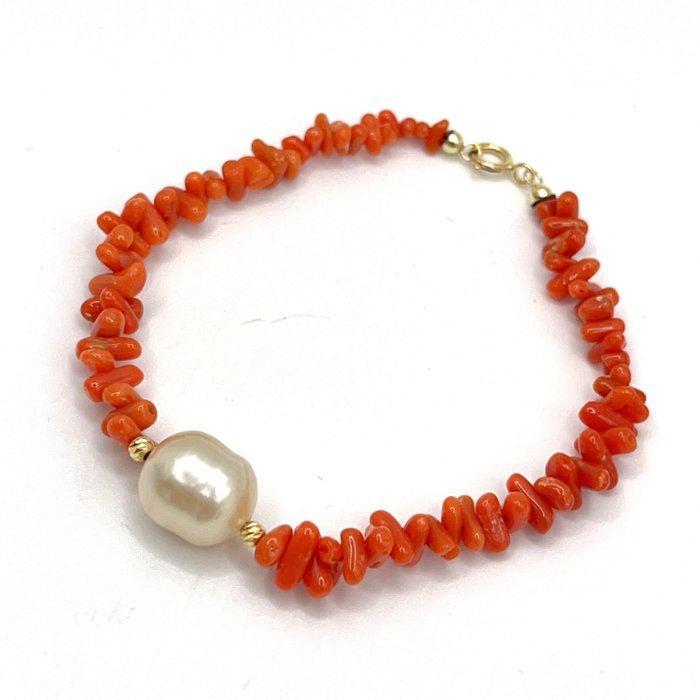 Ingen mindstepris - Armbånd - 18 kraat Gulguld Perle - Koral - Coral  South Sea Pearl