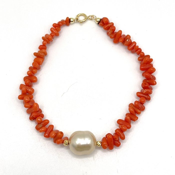 Ingen mindstepris - Armbånd - 18 kraat Gulguld Perle - Koral - Coral  South Sea Pearl