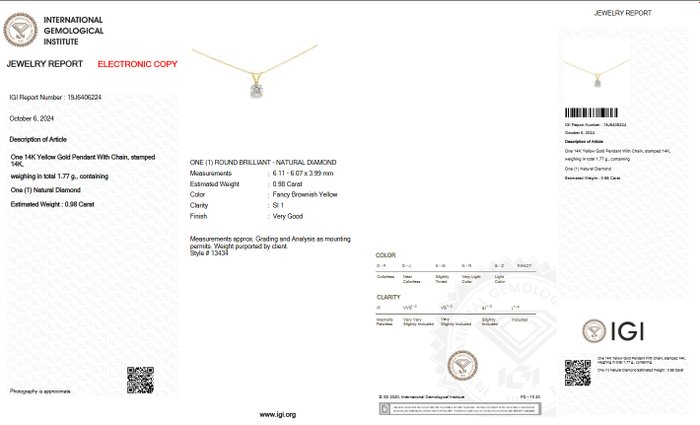 Ingen mindstepris - Halskæde med vedhæng - 14 karat Gulguld -  0.98ct. tw. Gul Diamant (Naturfarvet) - IGI