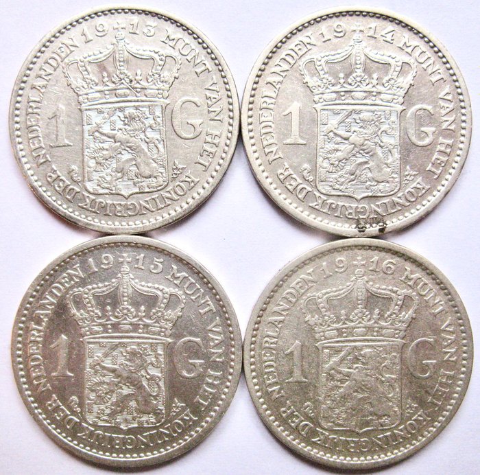 Holland Wilhelmina 1 Gulden 1913 1914 1915 en 1916 (4 opeenvolgende jaartallen) hermelijnen mantel  (Ingen mindstepris)