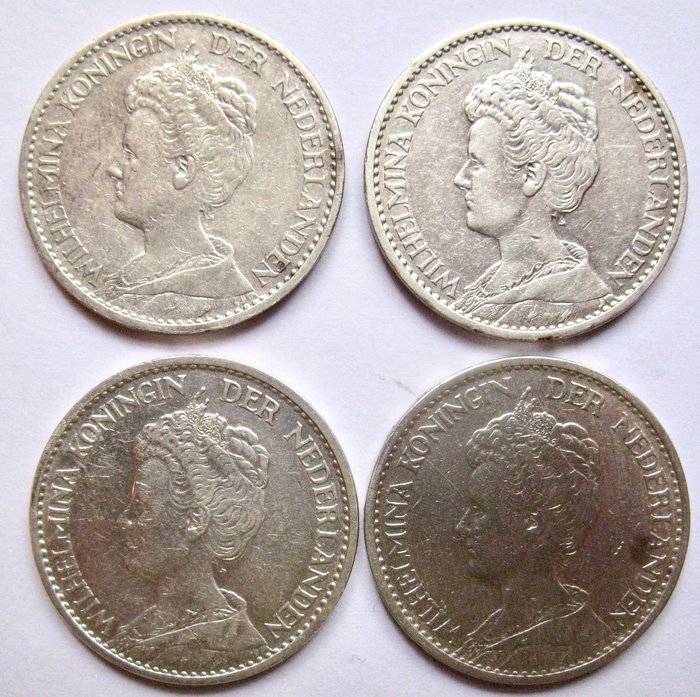 Holland Wilhelmina 1 Gulden 1913 1914 1915 en 1916 (4 opeenvolgende jaartallen) hermelijnen mantel  (Ingen mindstepris)