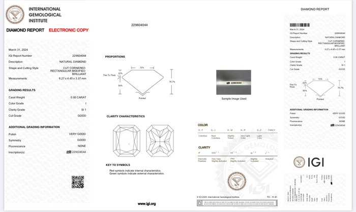 1 pcs Diamant  (Natur)  - 0.90 ct - Radiant - I - SI1 - International Gemological Institute (IGI)