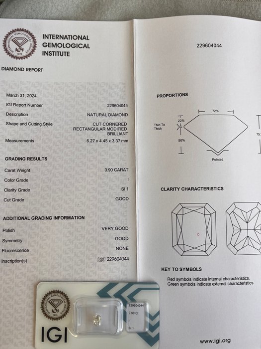 1 pcs Diamant  (Natur)  - 0.90 ct - Radiant - I - SI1 - International Gemological Institute (IGI)