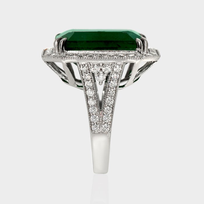 Ingen mindstepris - Ring - 14 karat Hvidguld -  16.32ct. tw. Smaragd - Diamant - IGI 14.97ct Intens Green