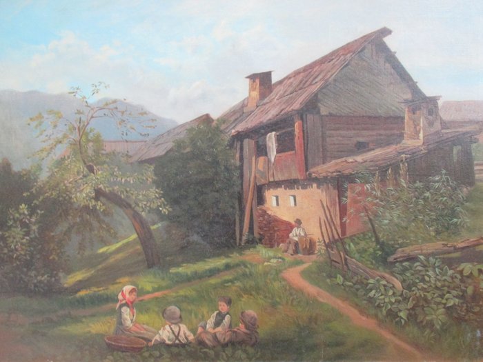 Eduard Ameseder (1856-1938) - Kinder vor Bauernhof