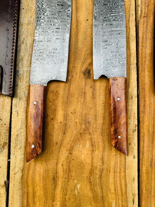 Smoked Blades (A00012) - Køkkenkniv - Køkkenknive sæt -  Yderst professionelle kunstknive til køkken Heavt duty Cleaver og grøntsags kokkekniv - 1095  15N20 foldet stål og naturligt træ (rosatræ og behageligt håndtag og let at bruge - Nordamerika - Knive sæt