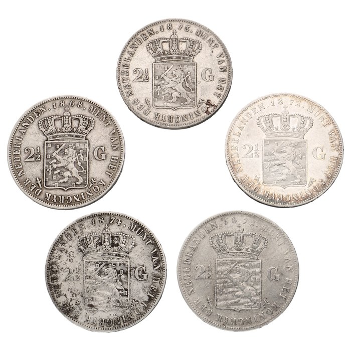 Holland. Willem III (1849-1890). 2½ Gulden 1868/1874  (5 stuks)  (Ingen mindstepris)