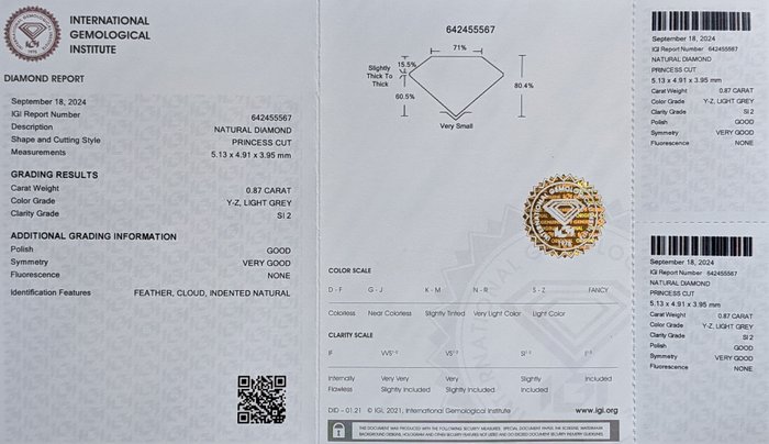 Ingen mindstepris - 1 pcs Diamant  (Naturfarvet)  - 0.87 ct - Light Grå - SI2 - International Gemological Institute (IGI)