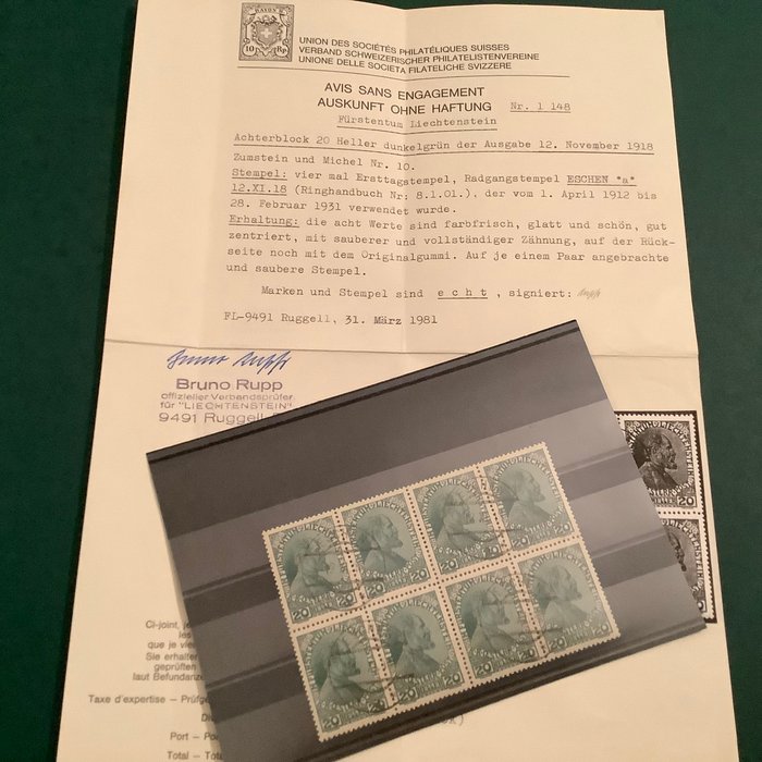 Liechtenstein 1918 - 20 Heller i blok af 8 med førstedagsstempel - fotocertifikat Rupp - Michel 10