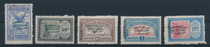 Argentina 1930 - Zeppelin - "Airship Graf Zeppelin, specialudgaver, grønt print, komplet sæt - mit Aufdruck "Muestra" , Michel Nr. 342/46 "Muster"