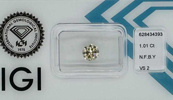 1 pcs Diamant  (Naturfarvet)  - 1.01 ct - Rund - Fancy Brun Gul - VS2 - International Gemological Institute (IGI)