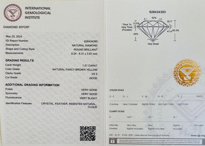 1 pcs Diamant  (Naturfarvet)  - 1.01 ct - Rund - Fancy Brun Gul - VS2 - International Gemological Institute (IGI)