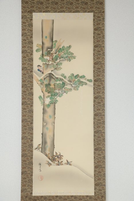 traditionel japansk hængende rulle (掛軸 kakemono) med et elegant maleri af en spætte - Papir - 桂月写  Keigetsu-sha - Japan - Shōwa-periode (1926-1989)