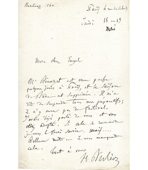 BERLIOZ (Hector). - L.A.S. « H. Berlioz » à « Mon cher Engels » [David Hermann Engel]. - 1864