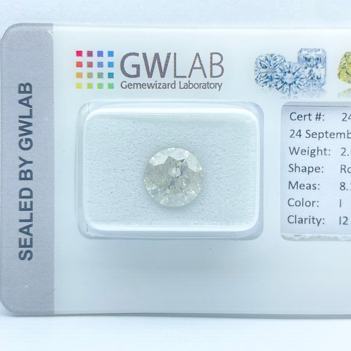 Ingen mindstepris - 1 pcs Diamant  (Natur)  - 2.08 ct - Rund - I - I2 - Gemewizard Gemological Laboratory (GWLab)