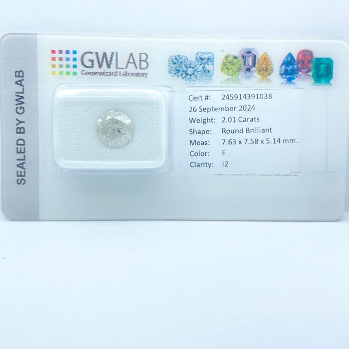 Ingen mindstepris - 1 pcs Diamant  (Natur)  - 2.01 ct - Rund - F - I2 - Gemewizard Gemological Laboratory (GWLab)