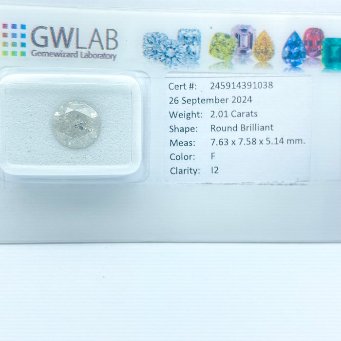 Ingen mindstepris - 1 pcs Diamant  (Natur)  - 2.01 ct - Rund - F - I2 - Gemewizard Gemological Laboratory (GWLab)