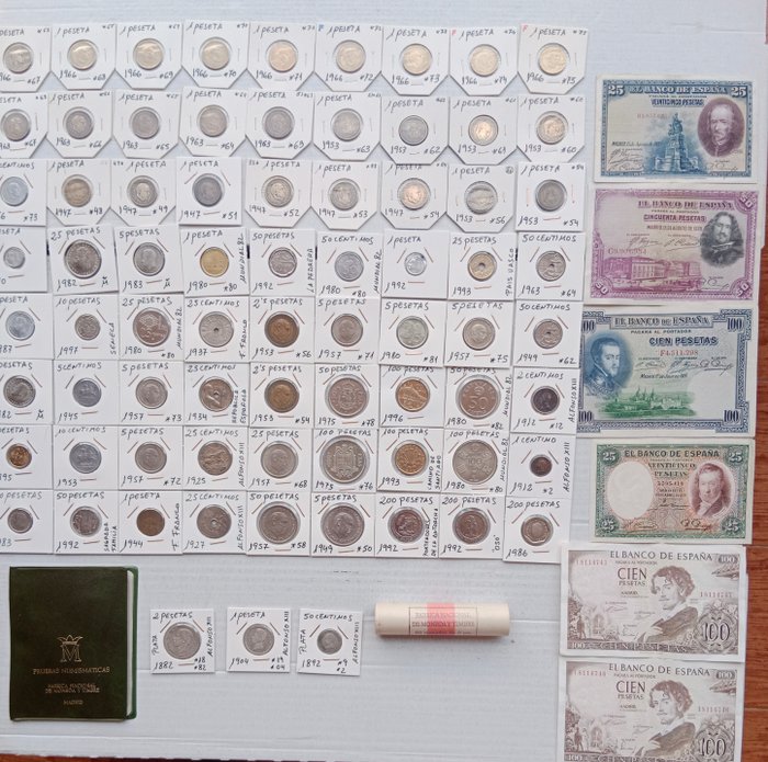 Spanien. Lote de 125 monedas+ 6 billetes +cartera 1882-1997  (Ingen mindstepris)