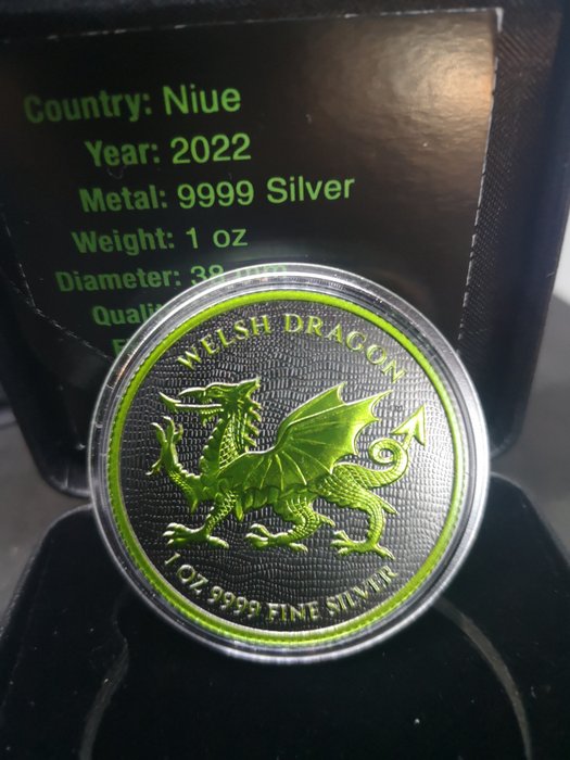 Niue. 2 Dollars 2022 Welsh Dragon - Black Platinum Cyber Green, 1 Oz (.999)  (Ingen mindstepris)