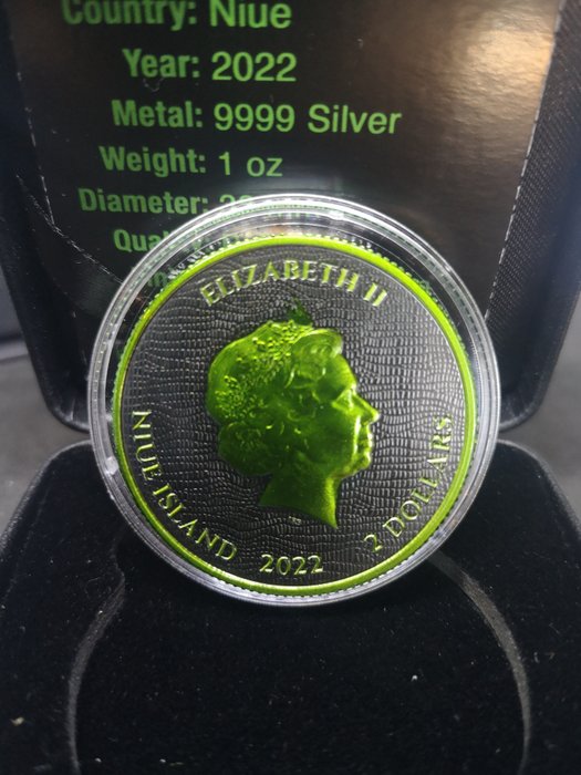 Niue. 2 Dollars 2022 Welsh Dragon - Black Platinum Cyber Green, 1 Oz (.999)  (Ingen mindstepris)