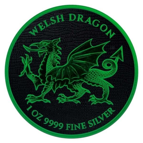 Niue. 2 Dollars 2022 Welsh Dragon - Black Platinum Cyber Green, 1 Oz (.999)  (Ingen mindstepris)