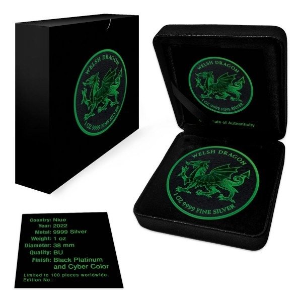 Niue. 2 Dollars 2022 Welsh Dragon - Black Platinum Cyber Green, 1 Oz (.999)  (Ingen mindstepris)