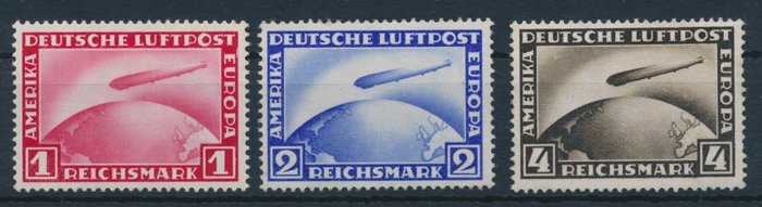 Tyske Kejserrige 1928/1931 - Zeppelin luftpoststempler 1 RM, 2 RM, 4 RM - Michel Nr. 423/424 und 456