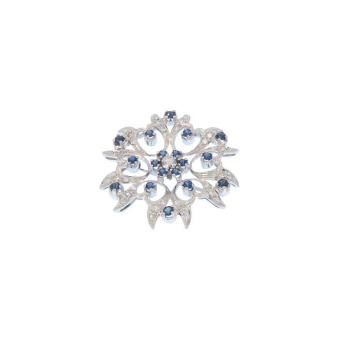 Broche - 18 kraat Hvidguld -  1.70ct. tw. Diamant (Natur)  - Safir