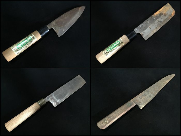 Set of 4 / Japanese Vintage Kitchen Knife / 出刃 DEBA 菜切 NAKIRI 牛刀 GYUTO - Køkkenkniv - Stål, Træ - Japan