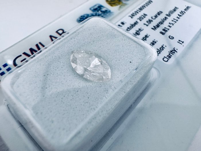 1 pcs Diamant  (Natur)  - 1.06 ct - Marquise - G - I1 - Gemewizard Gemological Laboratory (GWLab) - ( NATURLIG )