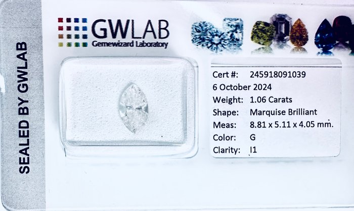 1 pcs Diamant  (Natur)  - 1.06 ct - Marquise - G - I1 - Gemewizard Gemological Laboratory (GWLab) - ( NATURLIG )