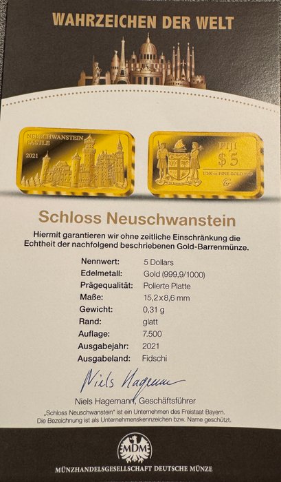 Fiji. 5 Dollars 2021 Schloss Neuschwanstein, 1/100 Oz (.999) Proof  (Ingen mindstepris)