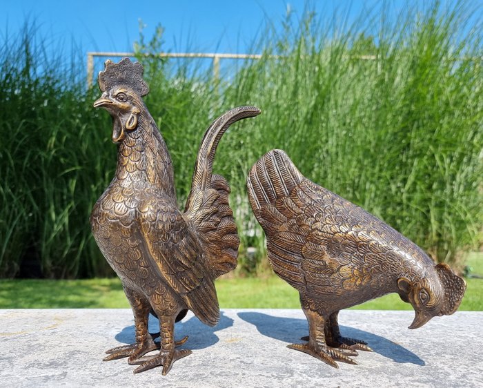 Statuette - Chicken and rooster - Bronze