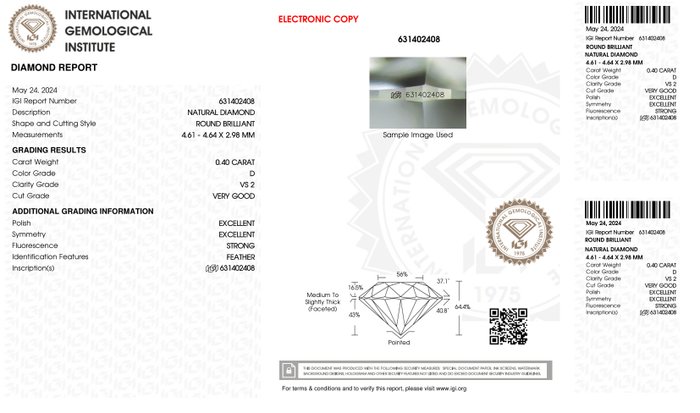 Ingen mindstepris - 1 pcs Diamant  (Natur)  - 0.40 ct - Rund - D (farveløs) - VS2 - International Gemological Institute (IGI) - *VG EX*